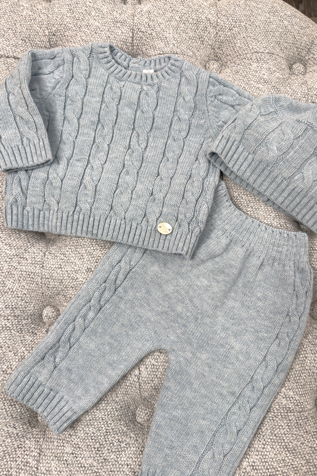 "Alaric" Powder Blue Cable Knit Top, Trousers & Hat