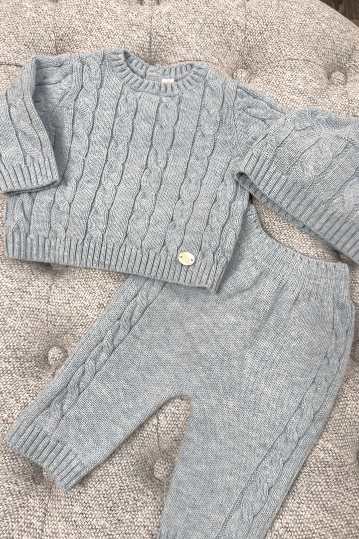 "Alaric" Powder Blue Cable Knit Top, Trousers & Hat