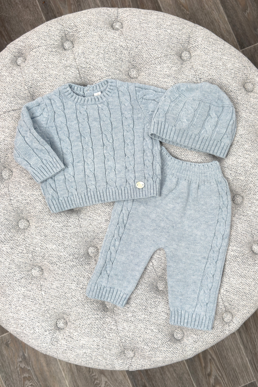 "Alaric" Powder Blue Cable Knit Top, Trousers & Hat