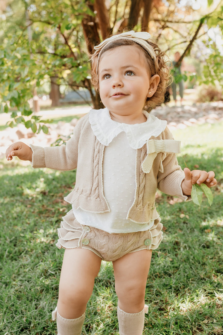 Rahigo "Tilly" Camel & Cream Cable Knit Cardigan, Blouse & Bloomers | Millie and John