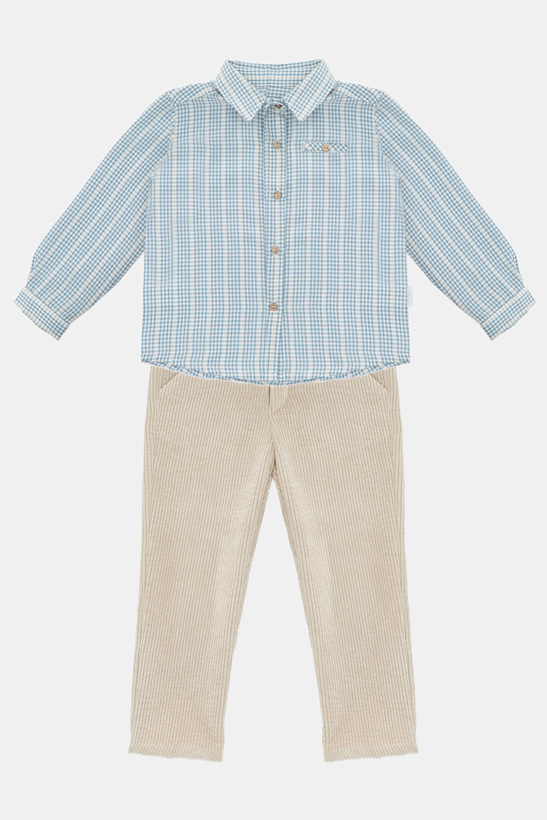 Martín Aranda "Joshua" Blue Check Shirt & Oatmeal Cord Trousers | Millie and John