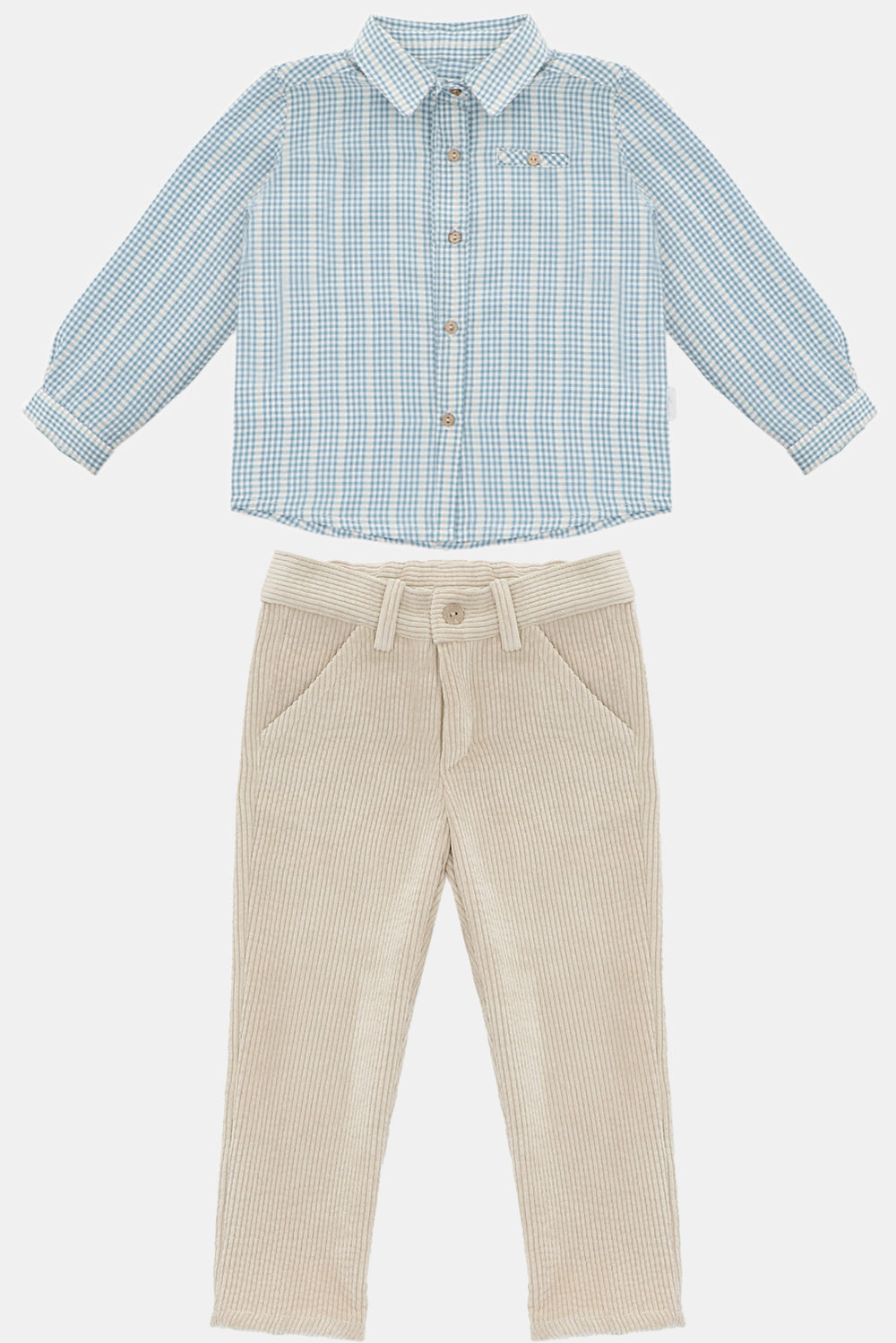Martín Aranda "Joshua" Blue Check Shirt & Oatmeal Cord Trousers | Millie and John