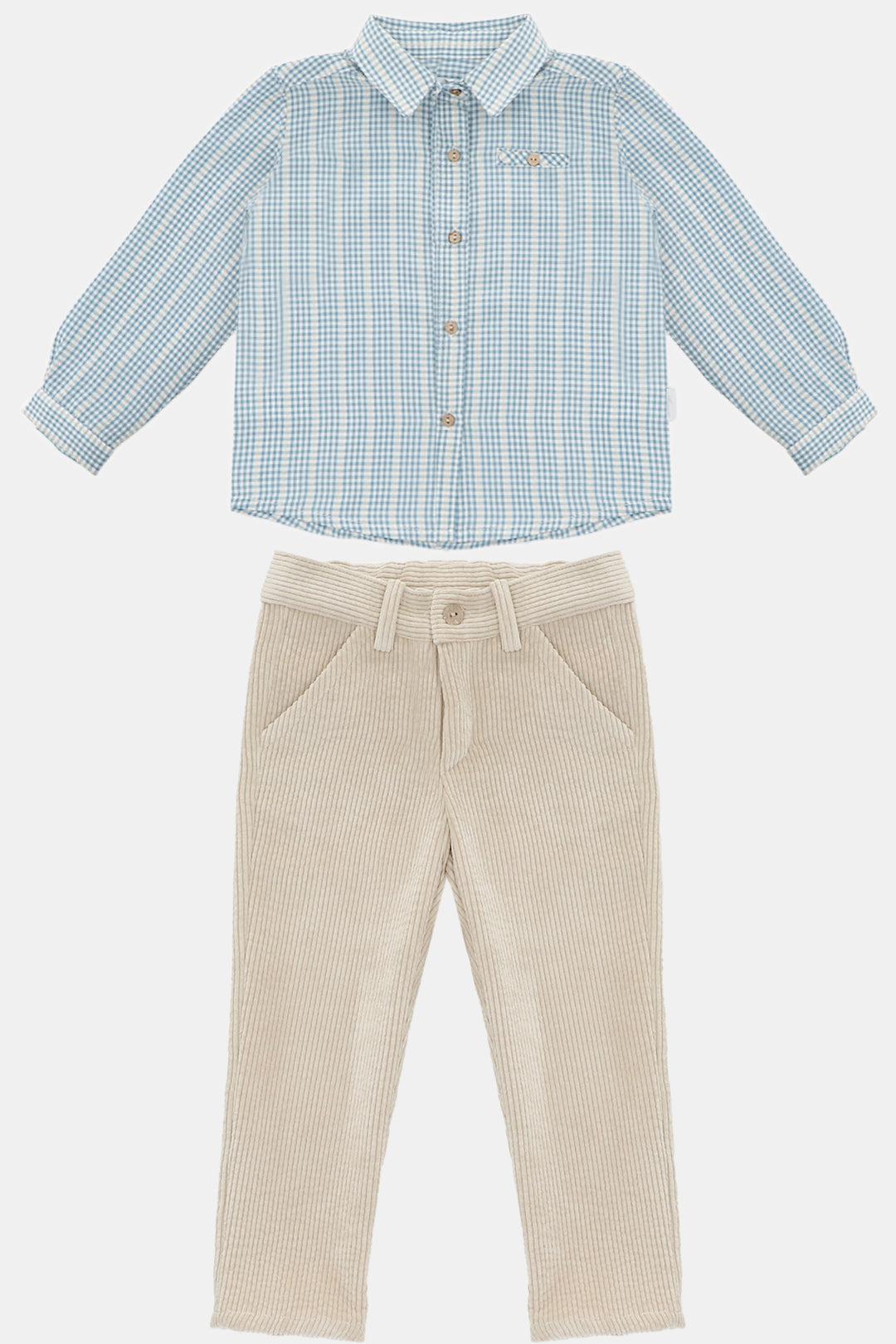 Martín Aranda "Joshua" Blue Check Shirt & Oatmeal Cord Trousers | Millie and John