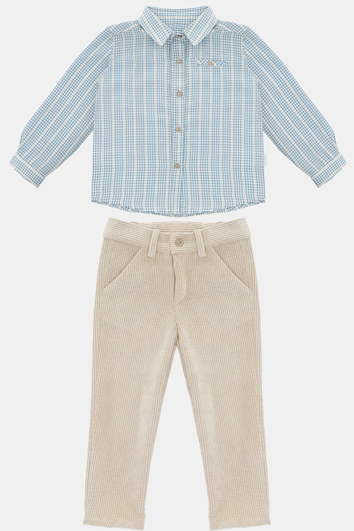 Martín Aranda "Joshua" Blue Check Shirt & Oatmeal Cord Trousers | Millie and John