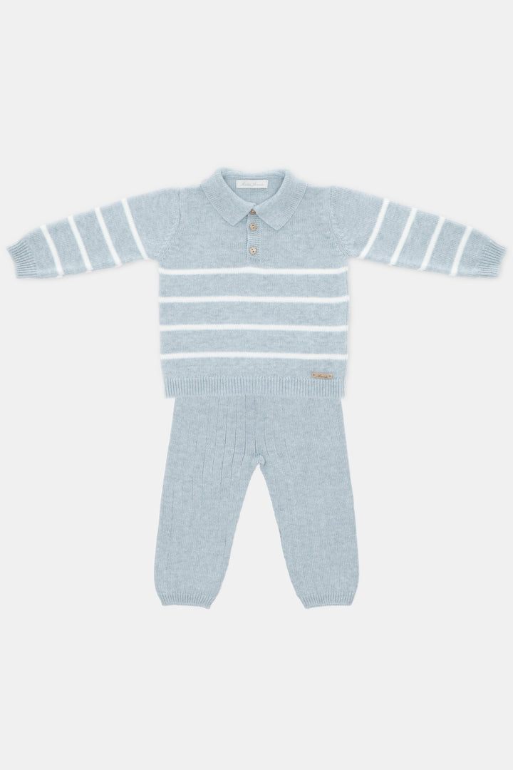 Martín Aranda "Reuben" Powder Blue Striped Knit Polo Shirt & Trousers | Millie and John