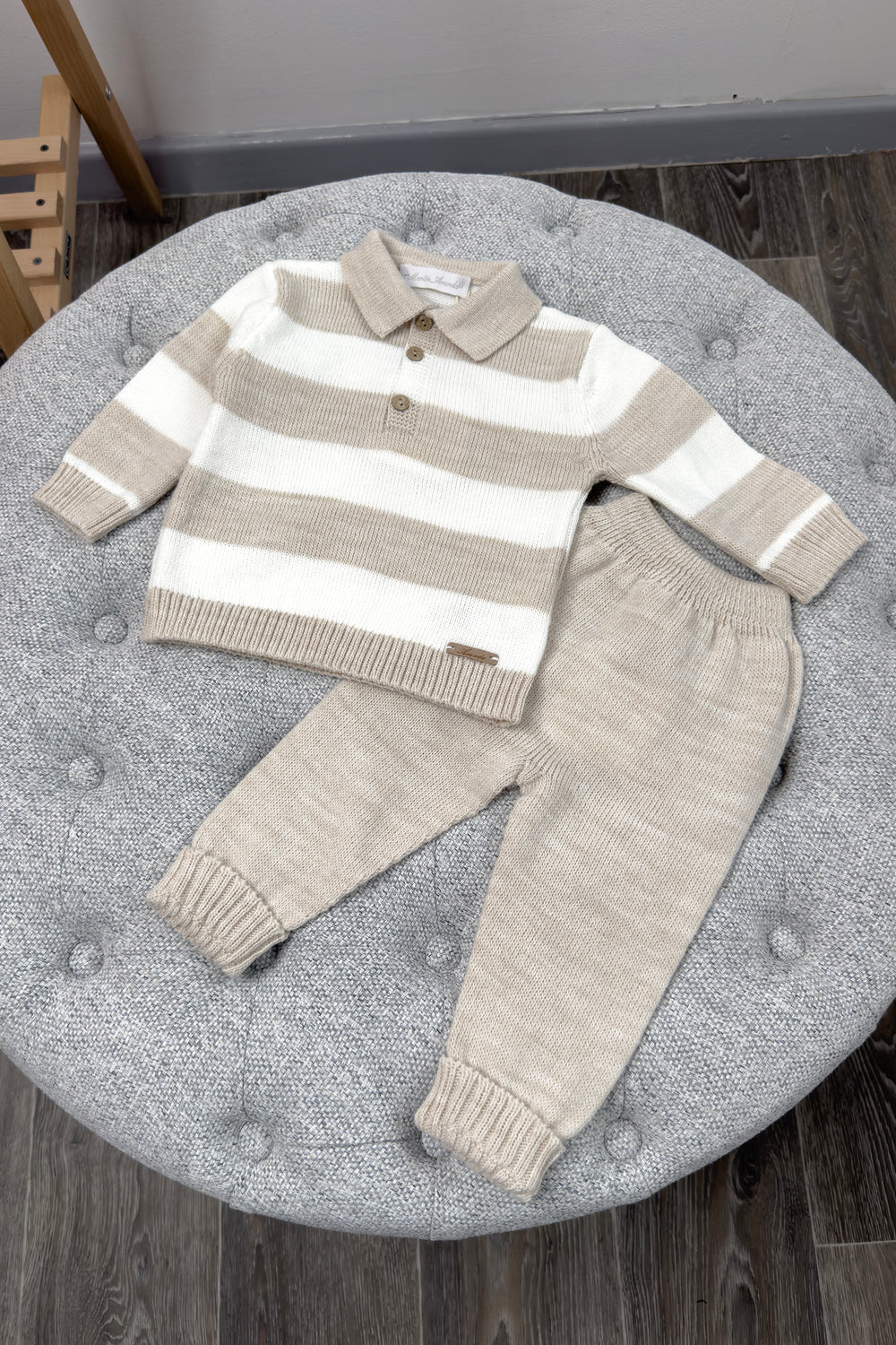 Martín Aranda "Renzo" Beige & Ivory Striped Knit Polo Top & Trousers | Millie and John