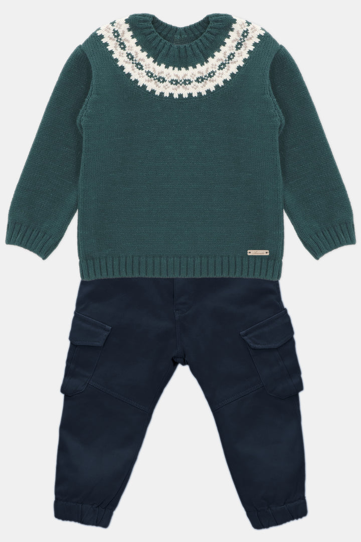 Martín Aranda "Ronnie" Bottle Green Fair Isle Jumper & Cargo Trousers | Millie and John