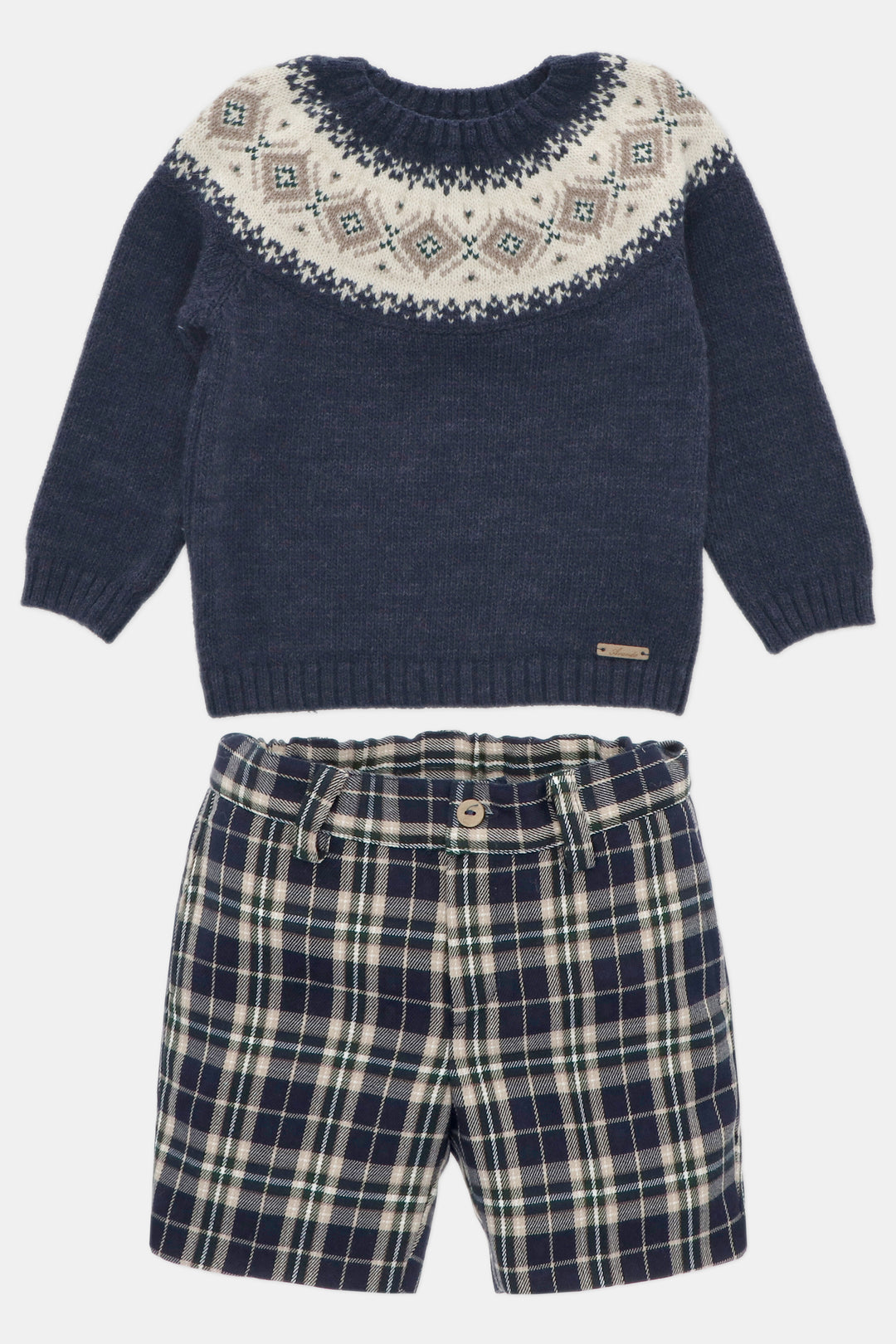 Martín Aranda "Reggie" Navy Fair Isle Jumper & Tartan Shorts | Millie and John