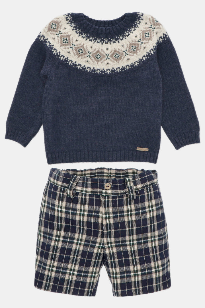 Martín Aranda "Reggie" Navy Fair Isle Jumper & Tartan Shorts | Millie and John