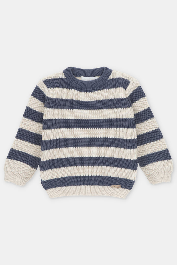 Martín Aranda "Nico" Dusky Blue & Beige Striped Knit Jumper | Millie and John