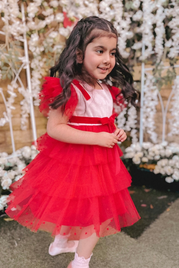 Phi "Amora" Pink & Red Velvet Tulle Dress | Millie and John