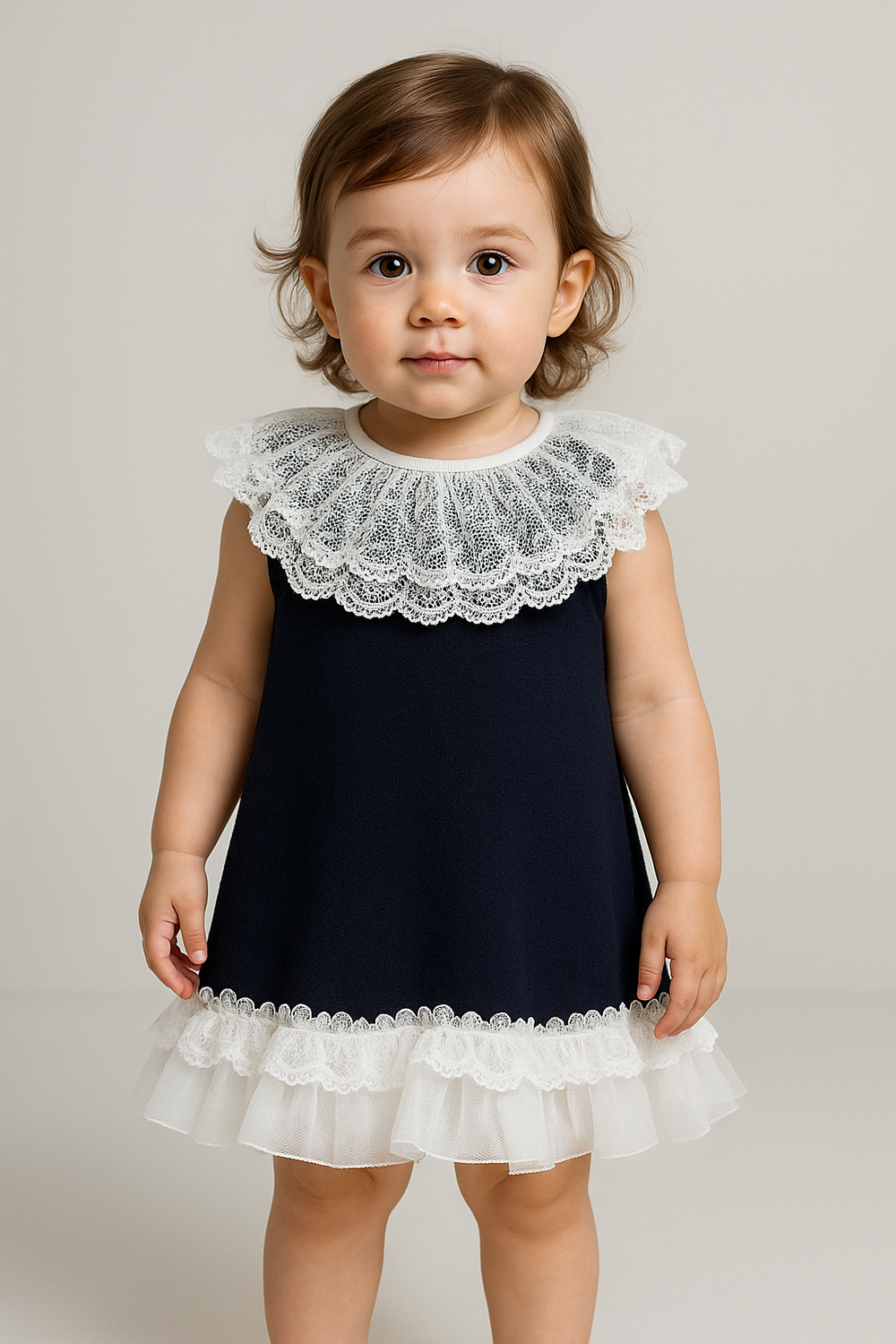 Granlei "Eleonora" Navy Knitted Lace & Tulle Bow Dress | Millie and John
