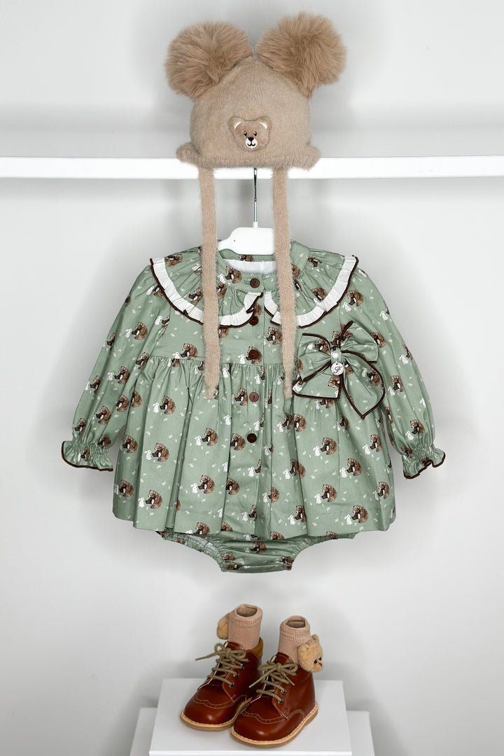 Foque "Mimi" Sage Green Bear Dress & Bloomers | Millie and John