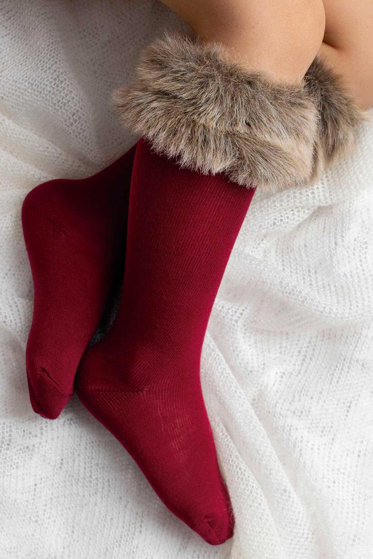 Meia Pata Brown Faux Fur Cuff Knee High Socks | Millie and John