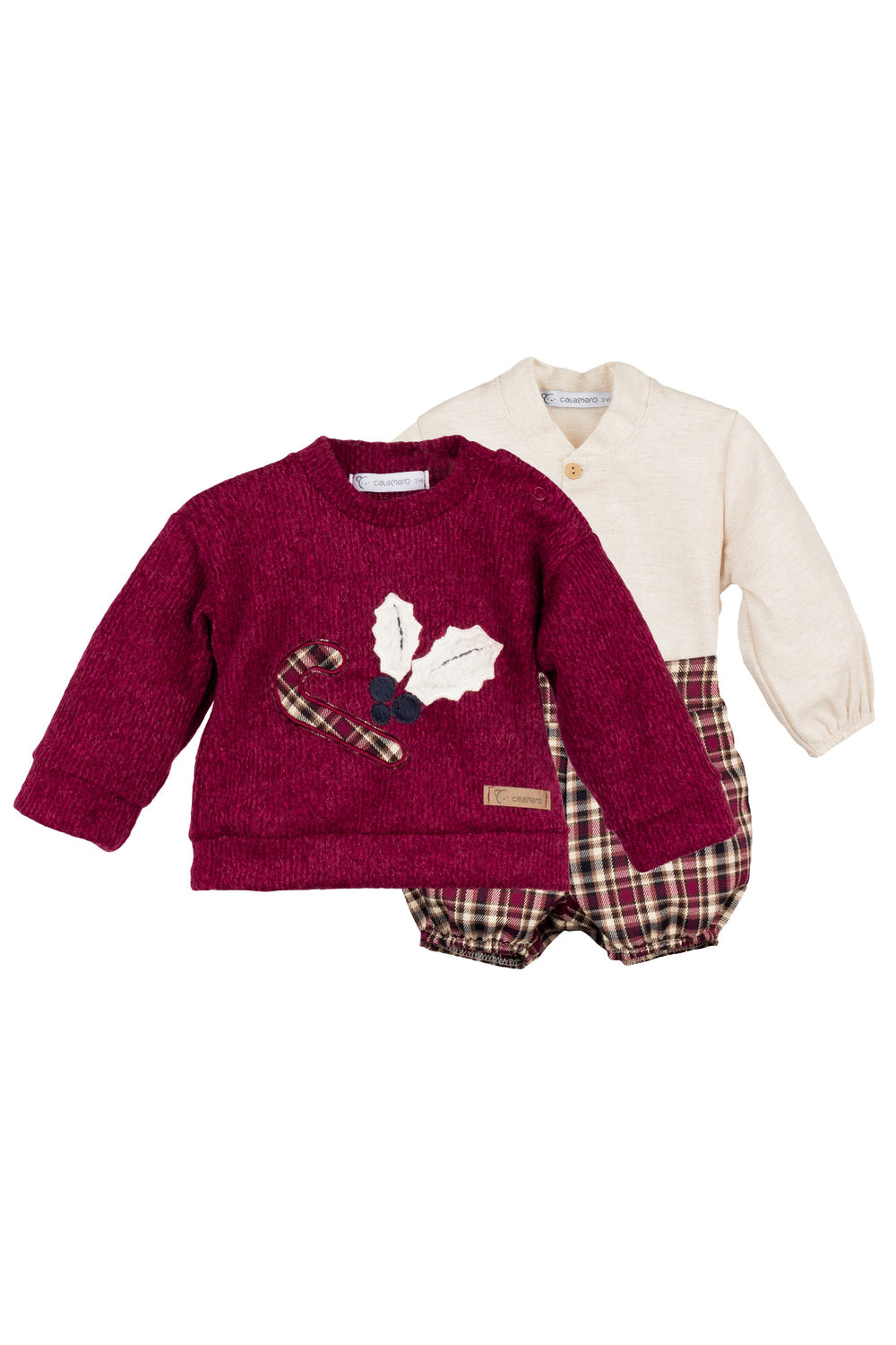 Calamaro "Sonny" Burgundy Chenille Jumper, Shirt & Tartan Shorts | Millie and John