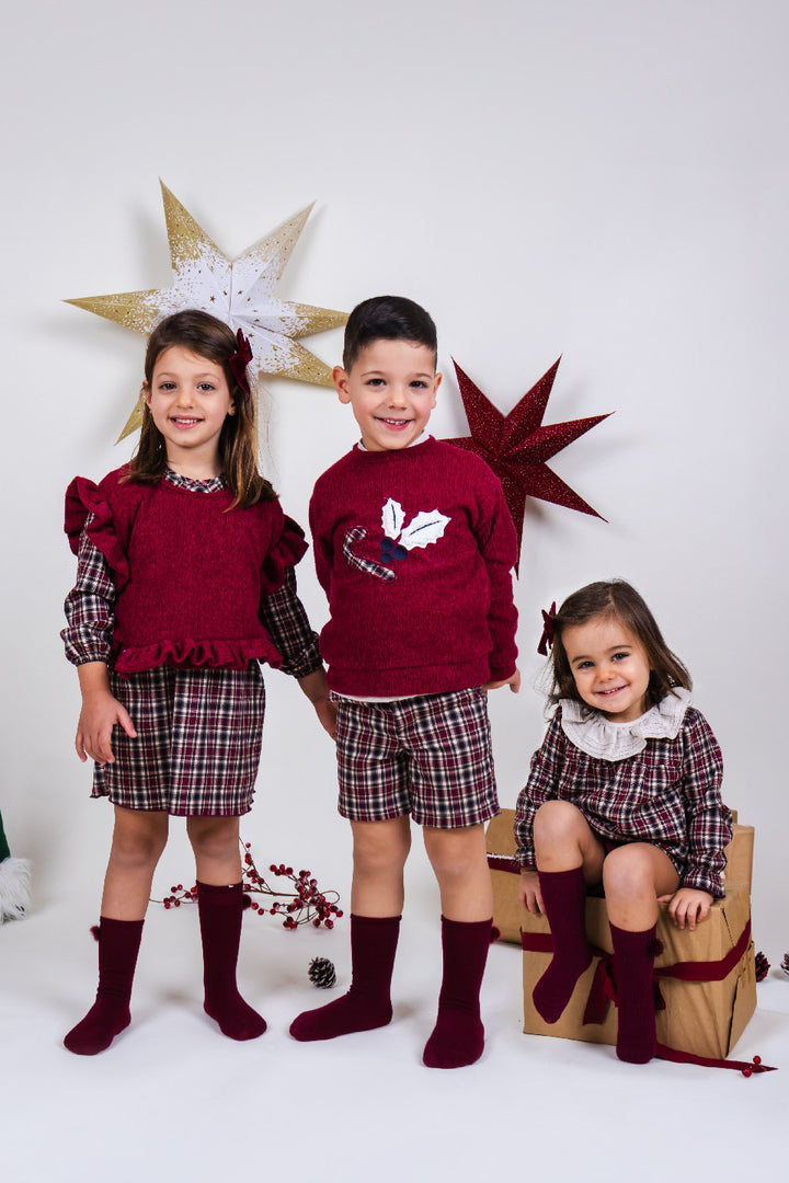 Calamaro "Sonny" Burgundy Chenille Jumper, Shirt & Tartan Shorts | Millie and John