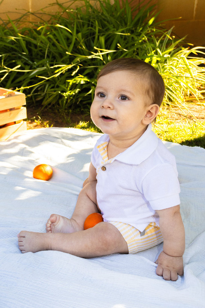Calamaro "Victor" White Polo Shirt & Lemon Striped Shorts | Millie and John