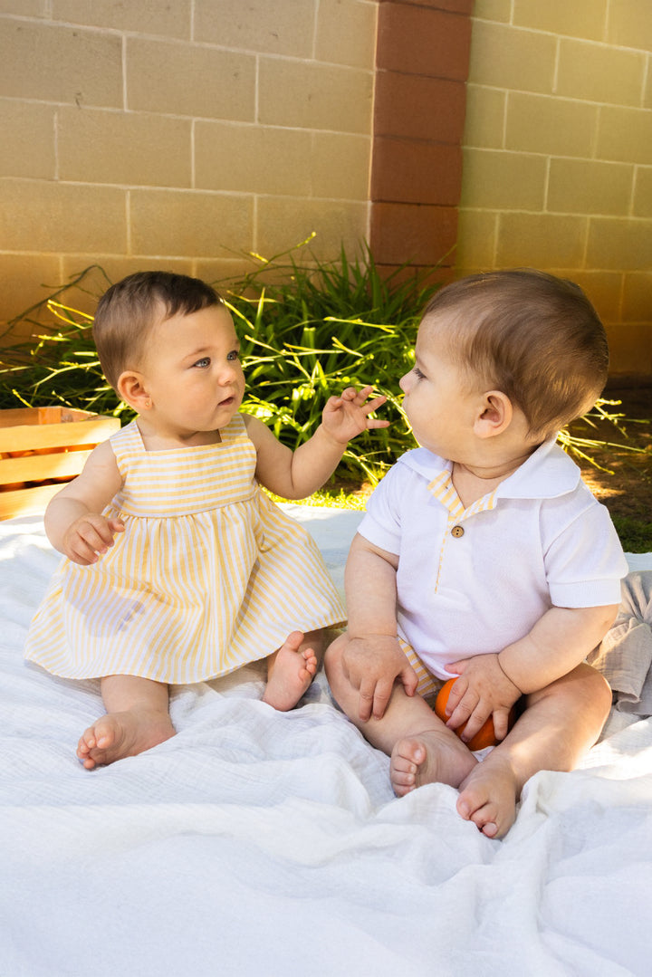 Calamaro "Victor" White Polo Shirt & Lemon Striped Shorts | Millie and John