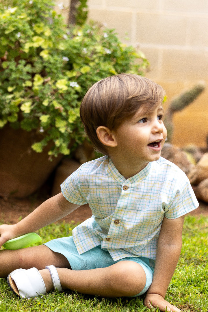 Calamaro "Lawrence" Turquoise & Lemon Checked Shirt & Shorts | Millie and John