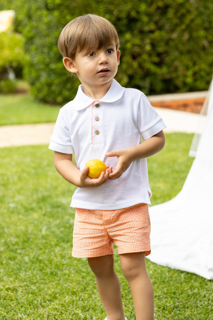 Calamaro "Elias" White Polo Shirt & Orange Gingham Shorts | Millie and John