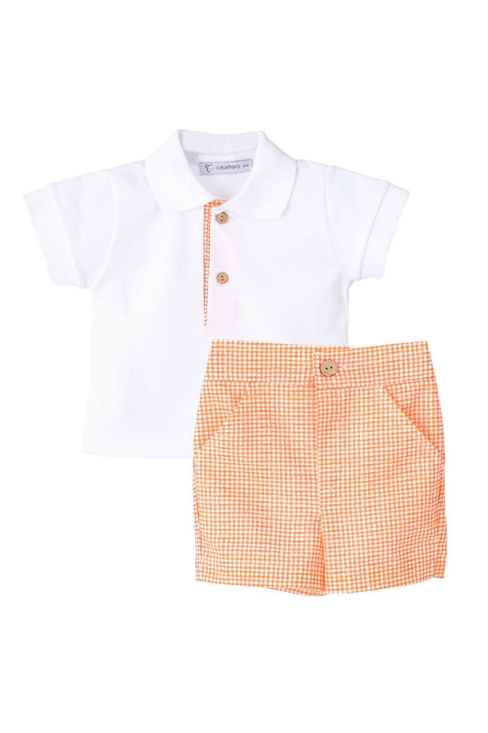 Calamaro "Elias" White Polo Shirt & Orange Gingham Shorts | Millie and John