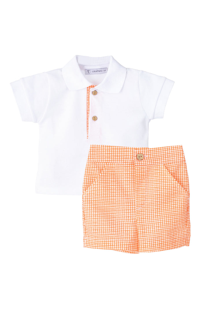 Calamaro "Elias" White Polo Shirt & Orange Gingham Shorts | Millie and John