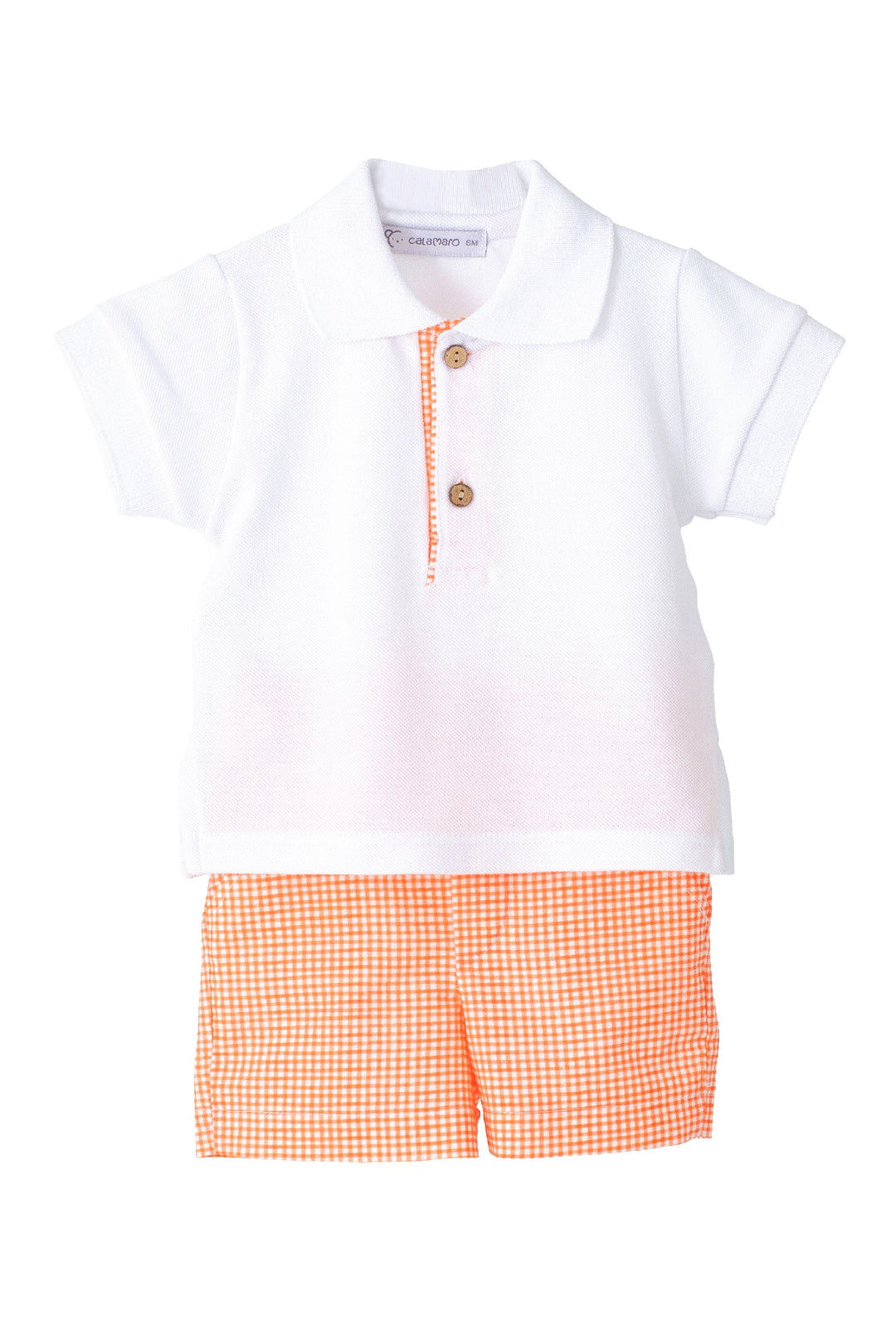 Calamaro "Elias" White Polo Shirt & Orange Gingham Shorts | Millie and John