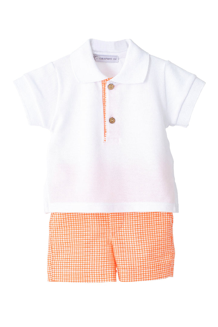 Calamaro "Elias" White Polo Shirt & Orange Gingham Shorts | Millie and John