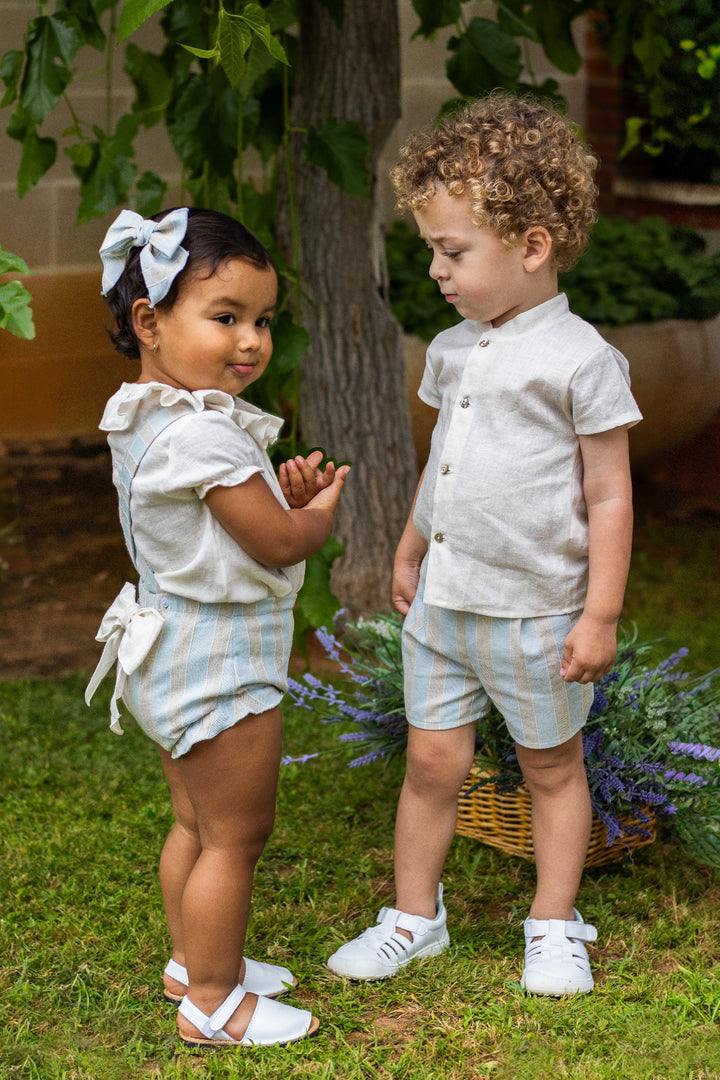 Calamaro Excellentt "Cedric" Powder Blue & Stone Striped Shirt & Shorts | Millie and John