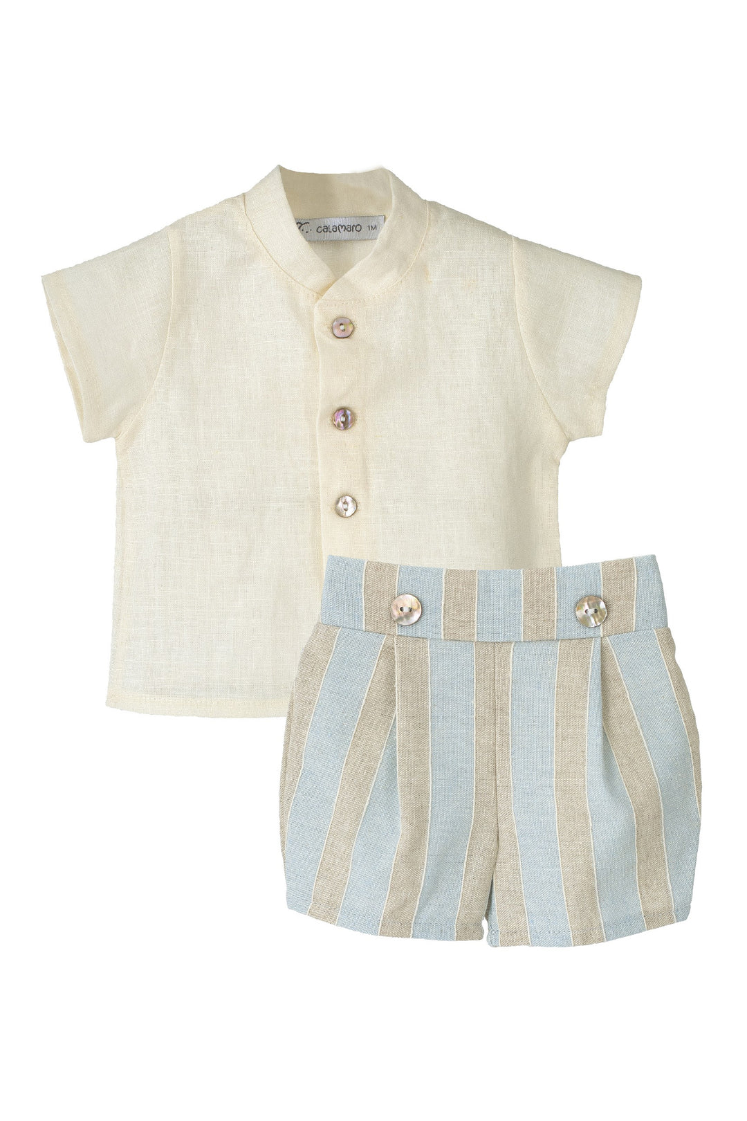 Calamaro Excellentt "Cedric" Powder Blue & Stone Striped Shirt & Shorts | Millie and John