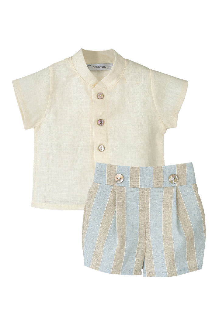 Calamaro Excellentt "Cedric" Powder Blue & Stone Striped Shirt & Shorts | Millie and John