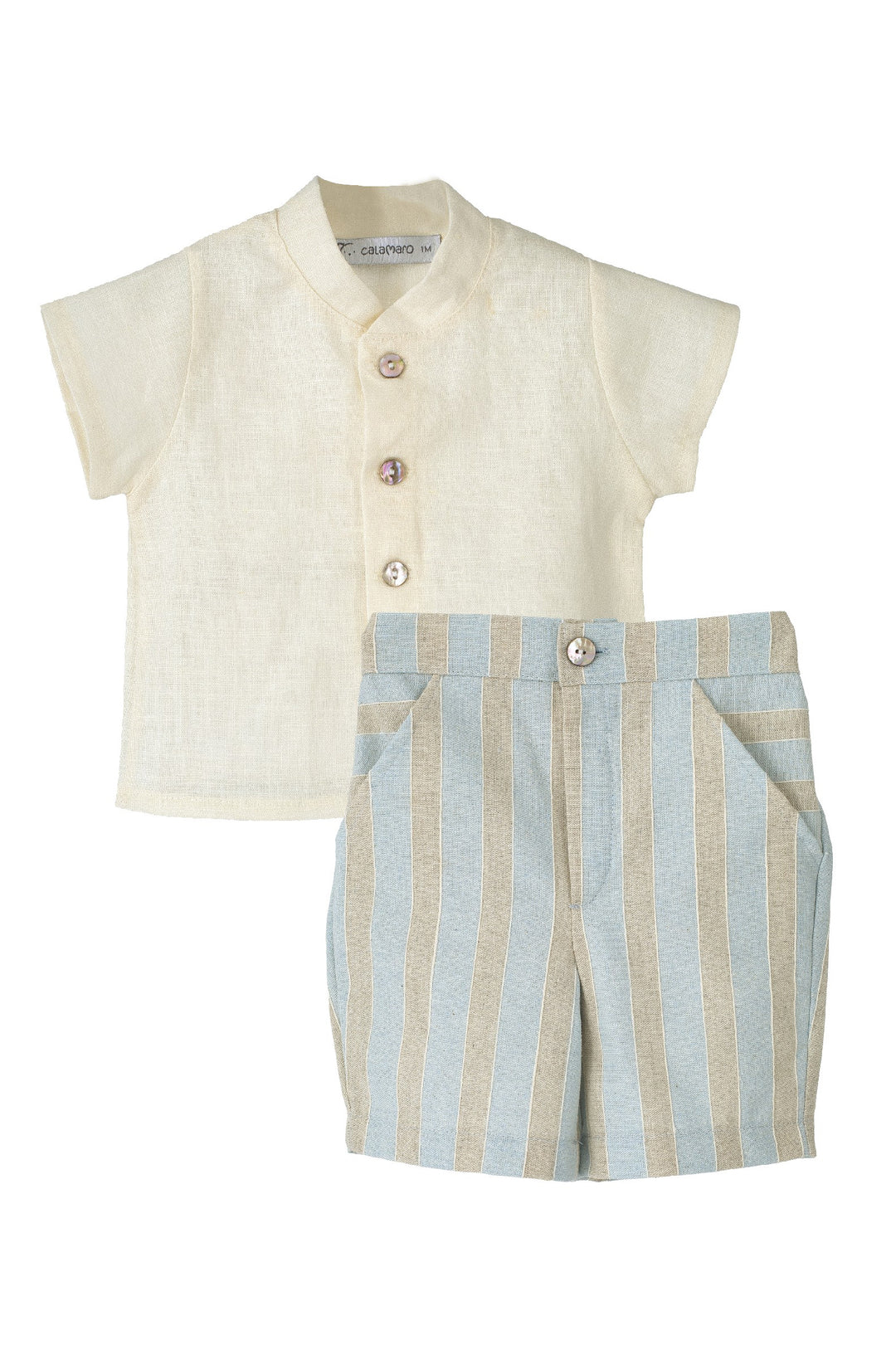 Calamaro Excellentt "Cedric" Powder Blue & Stone Striped Shirt & Shorts | Millie and John