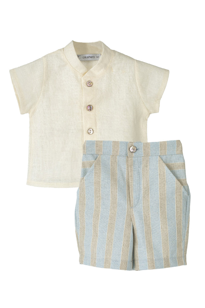 Calamaro Excellentt "Cedric" Powder Blue & Stone Striped Shirt & Shorts | Millie and John