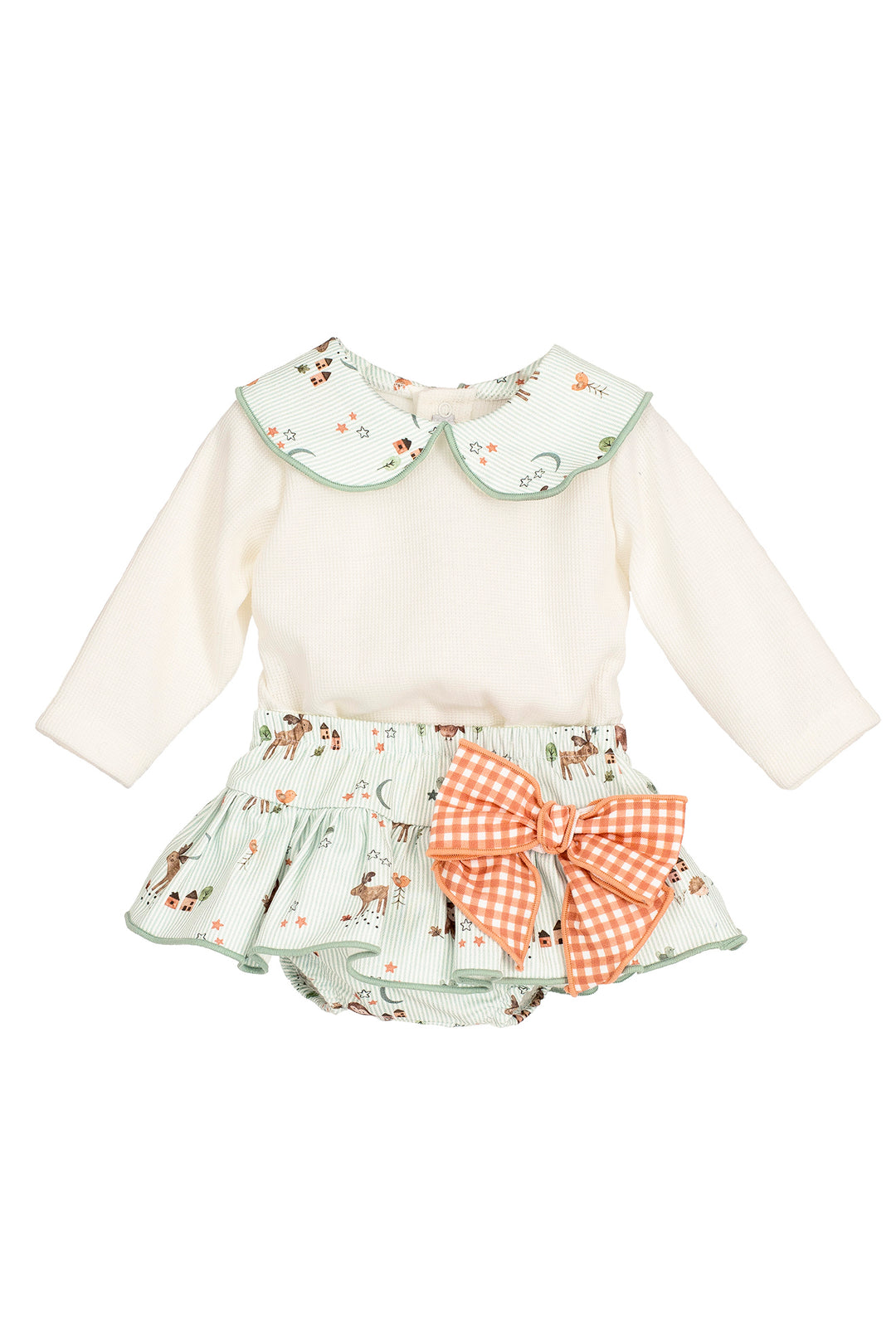 PREORDER "Fern" Sage Green Striped Forest Animals Top & Skort