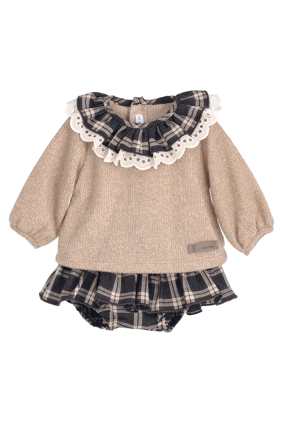 PREORDER "Cecily" Beige Chenille Top & Charcoal Tartan Skort