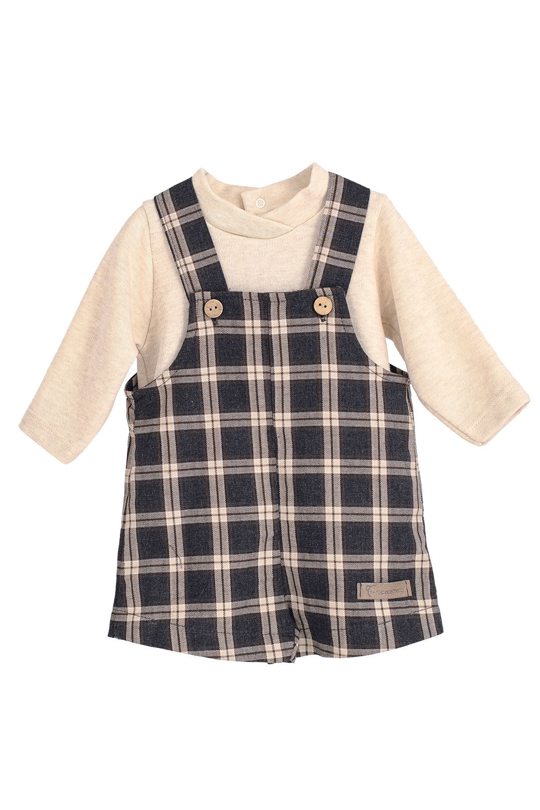 PREORDER "Theo" Charcoal & Stone Tartan Dungaree Set