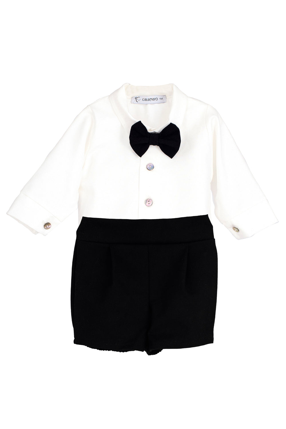Calamaro Excellentt PREORDER "Montgomery" Traditional White Shirt & Black Velvet Shorts | Millie and John