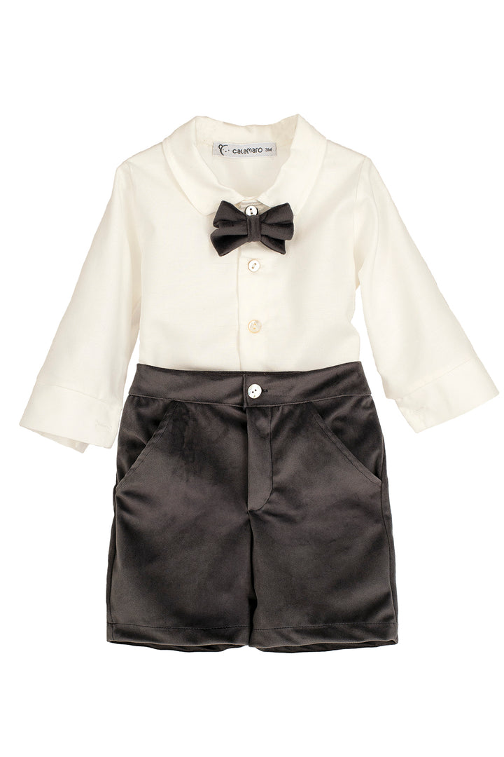 Calamaro Excellentt PREORDER "Ambrose" Traditional White Shirt & Charcoal Velvet Shorts | Millie and John