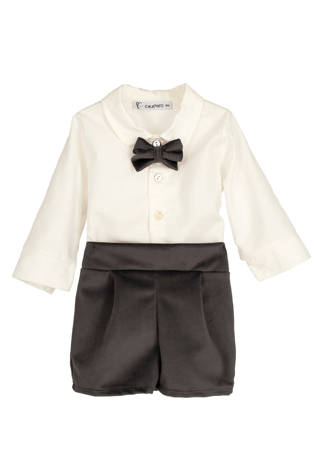 Calamaro Excellentt PREORDER "Ambrose" Traditional White Shirt & Charcoal Velvet Shorts | Millie and John
