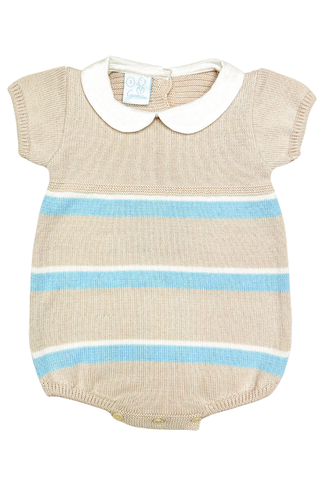 Granlei "Jonah" Stone, White & Cloud Blue Stripe Knit Romper | Millie and John