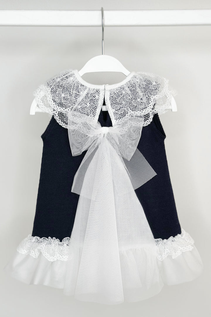 Granlei "Eleonora" Navy Knitted Lace & Tulle Bow Dress | Millie and John