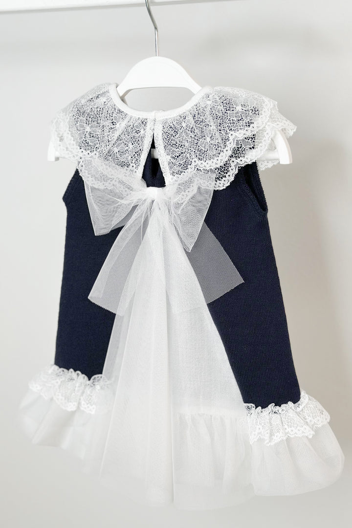 Granlei "Eleonora" Navy Knitted Lace & Tulle Bow Dress | Millie and John