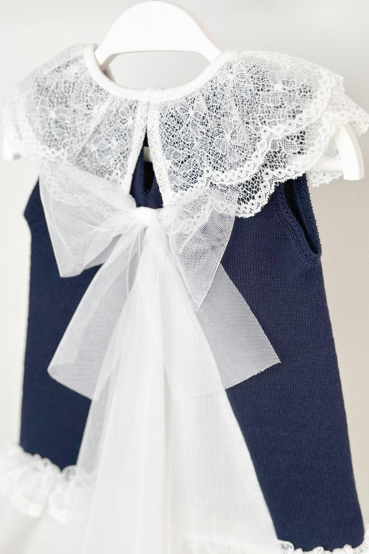 Granlei "Eleonora" Navy Knitted Lace & Tulle Bow Dress | Millie and John