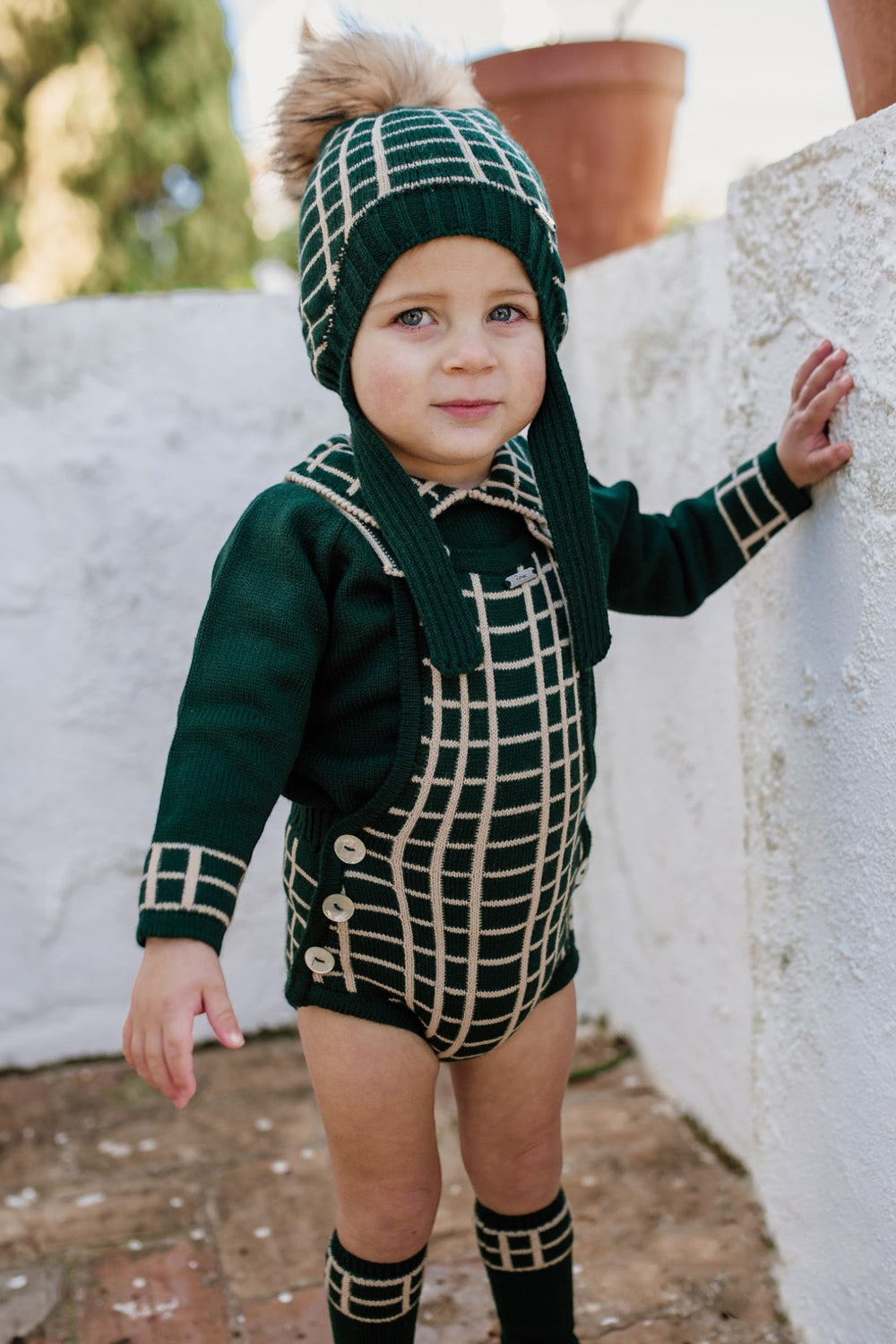 Rahigo "Vinnie" Bottle Green & Camel Check Knit Dungaree Romper Set | Millie and John