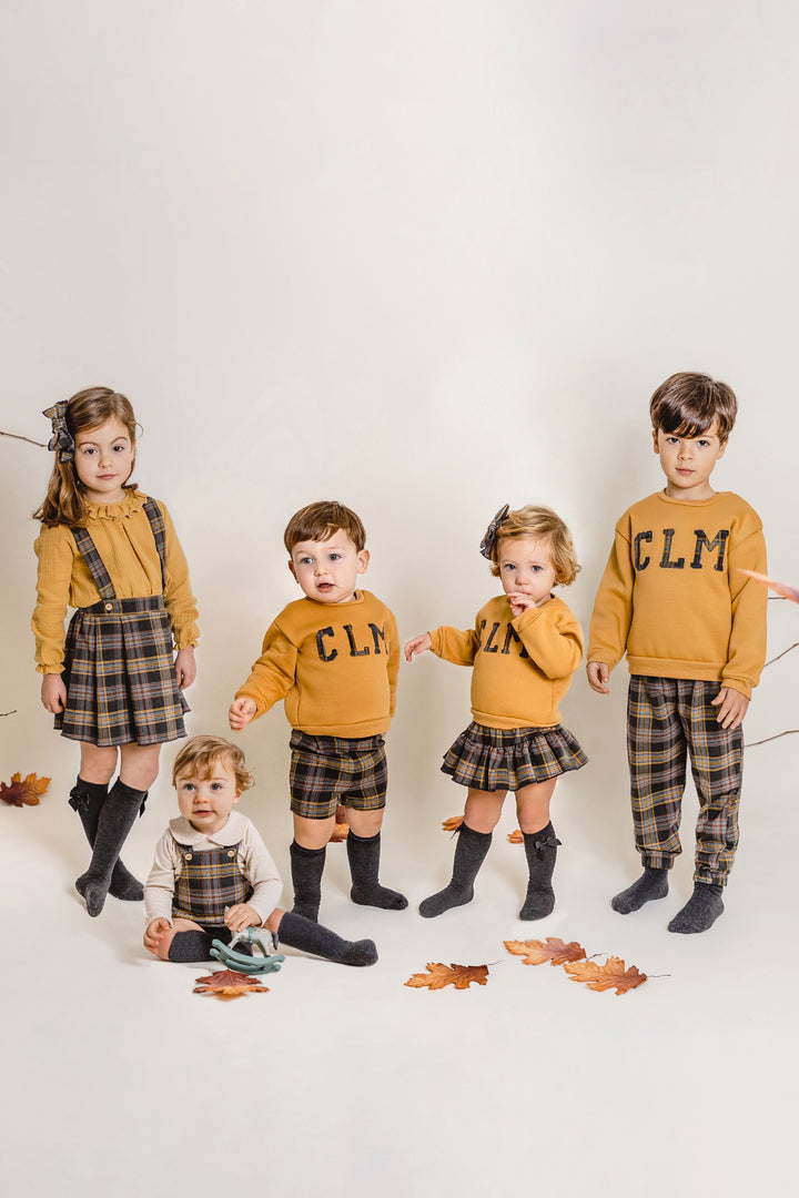 Calamaro "Sonny" Mustard Varsity Sweatshirt & Tartan Shorts | Millie and John