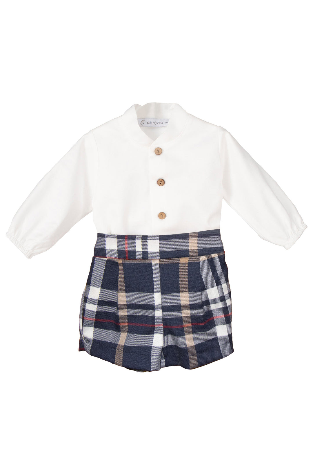 Calamaro Excellentt "Gideon" White Shirt & Navy Tartan Shorts | Millie and John