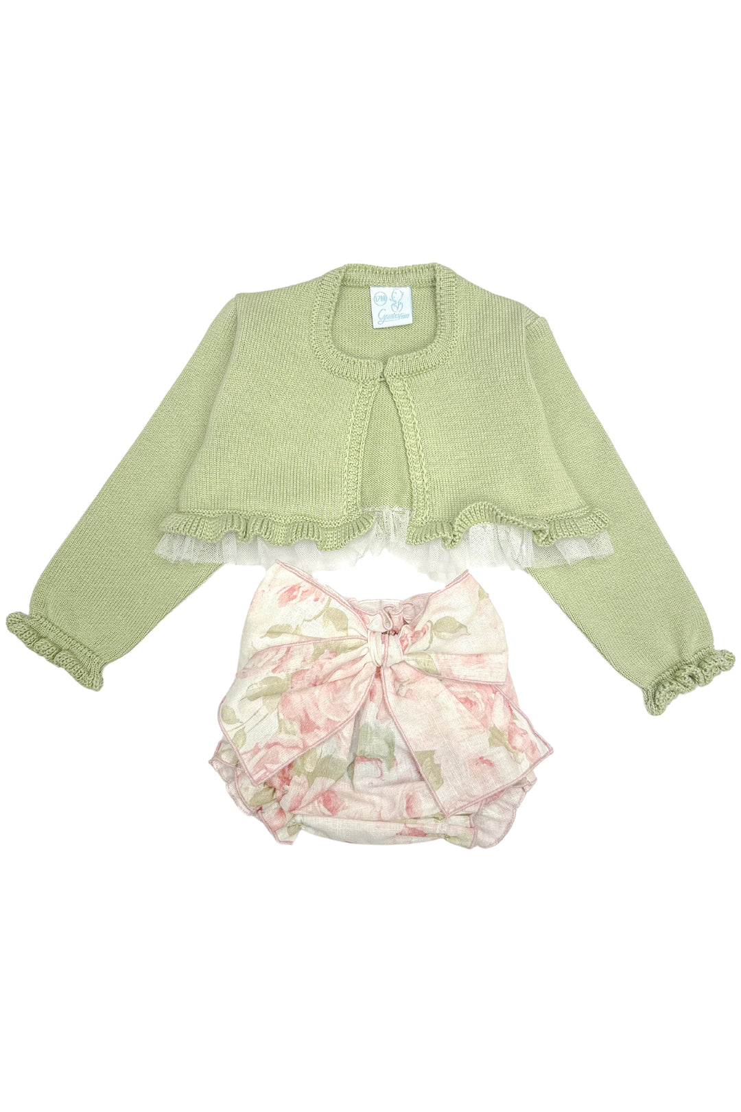 Granlei "Amara" Pistachio Tulle Cardigan & Floral Bloomers | Millie and John