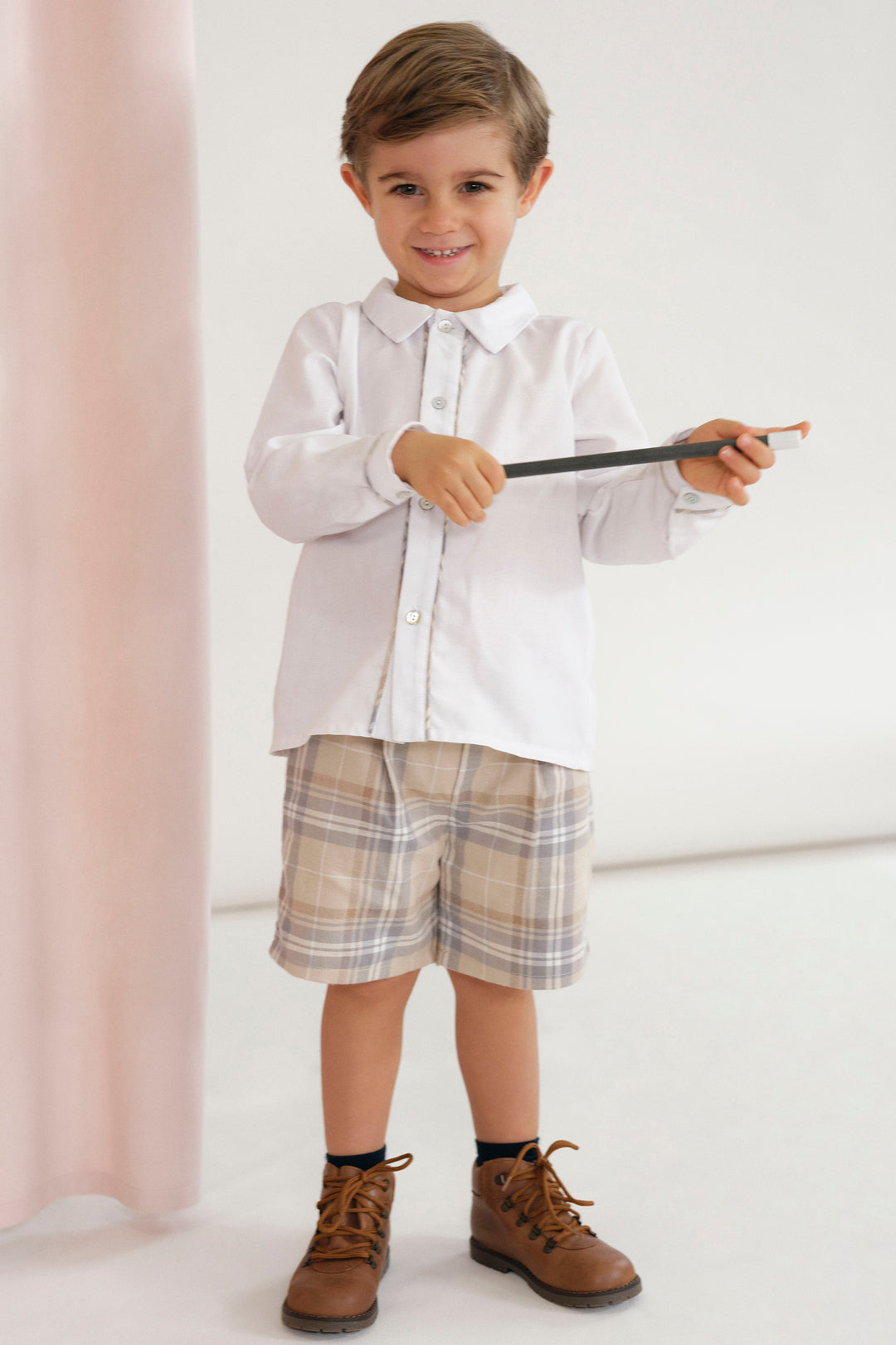 Deolinda "Alvin" Beige Tartan Shirt & Shorts | Millie and John