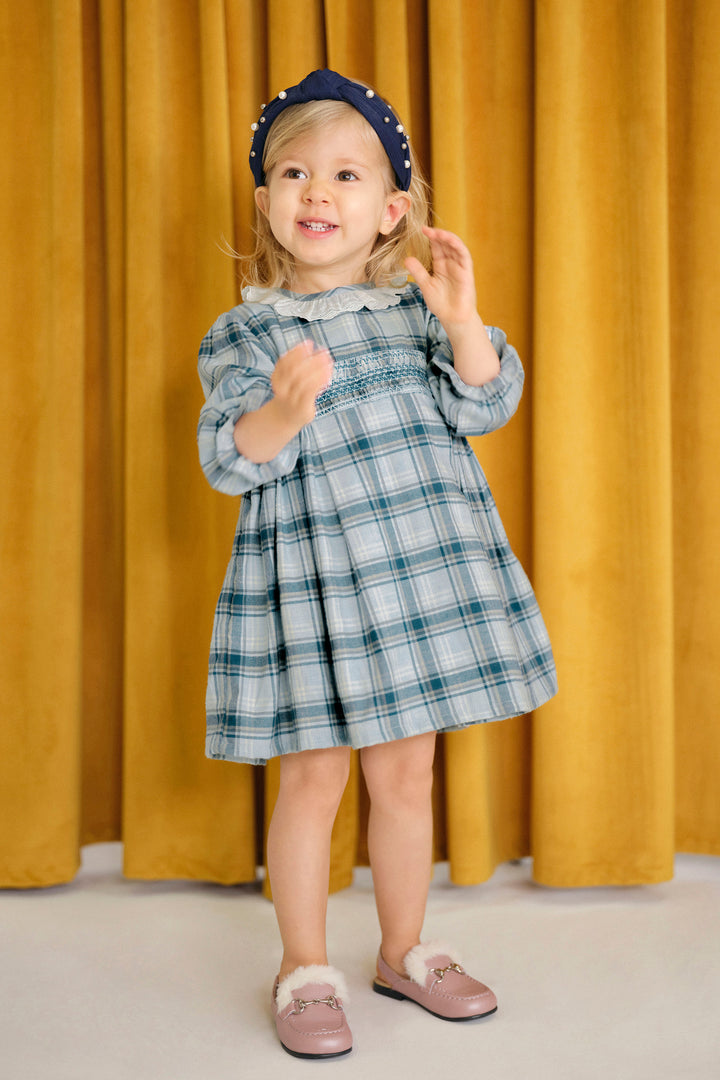 Deolinda "Alexis" Dusky Blue Tartan Smocked Dress | Millie and John