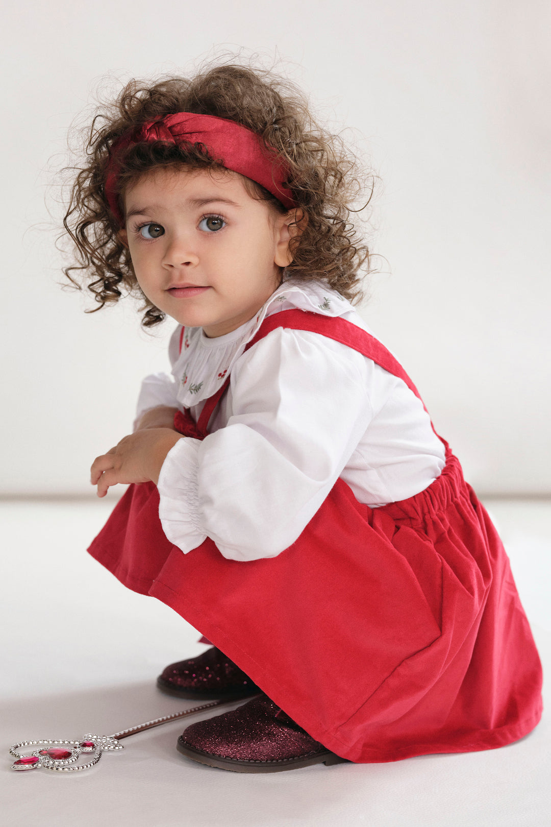 Deolinda "Giselle" Embroidered Blouse & Red Velvet Pinafore Dress | Millie and John